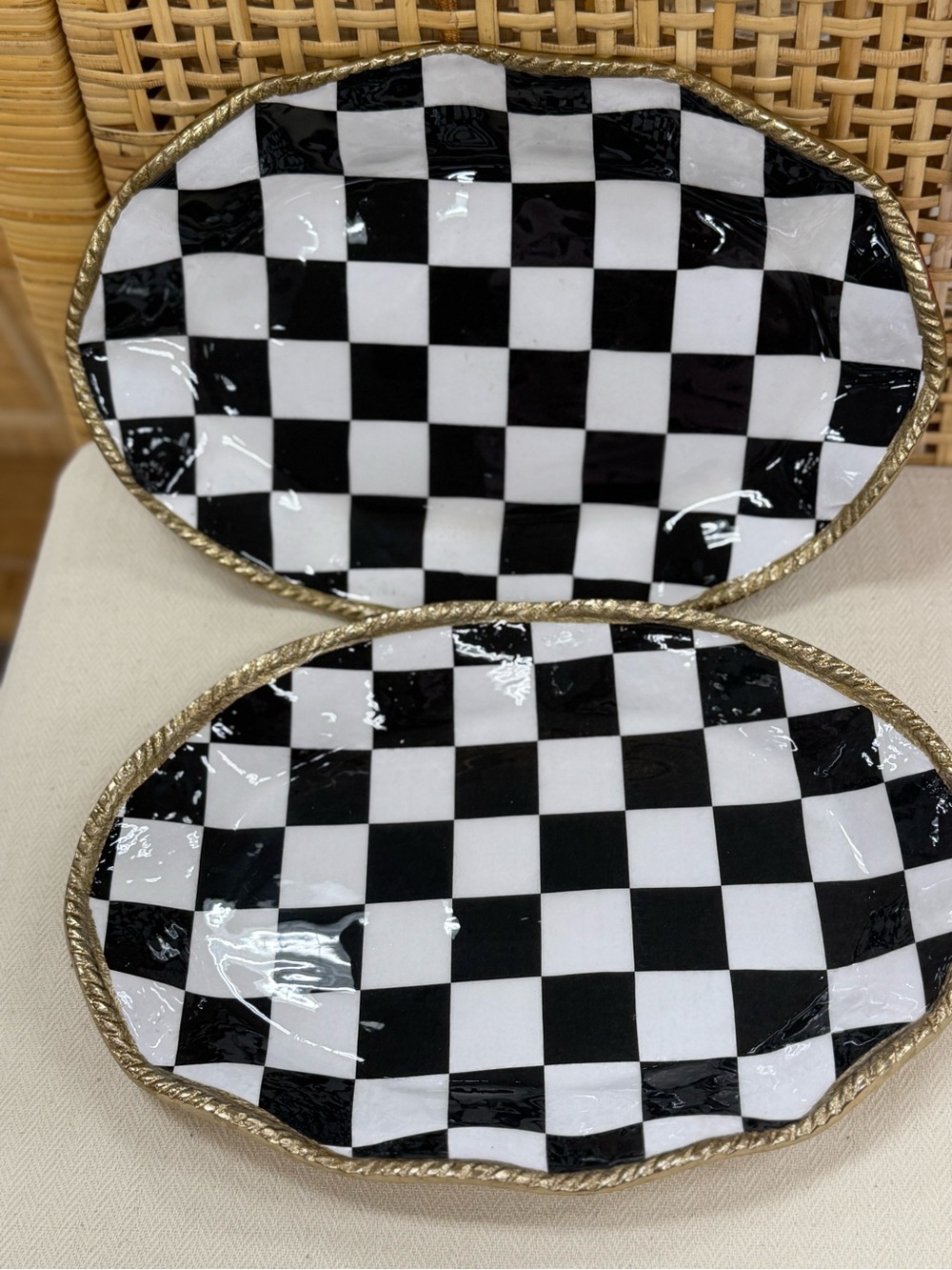 Black & White Checkerboard Ceramic Serving Platter Pair with Gold Trim